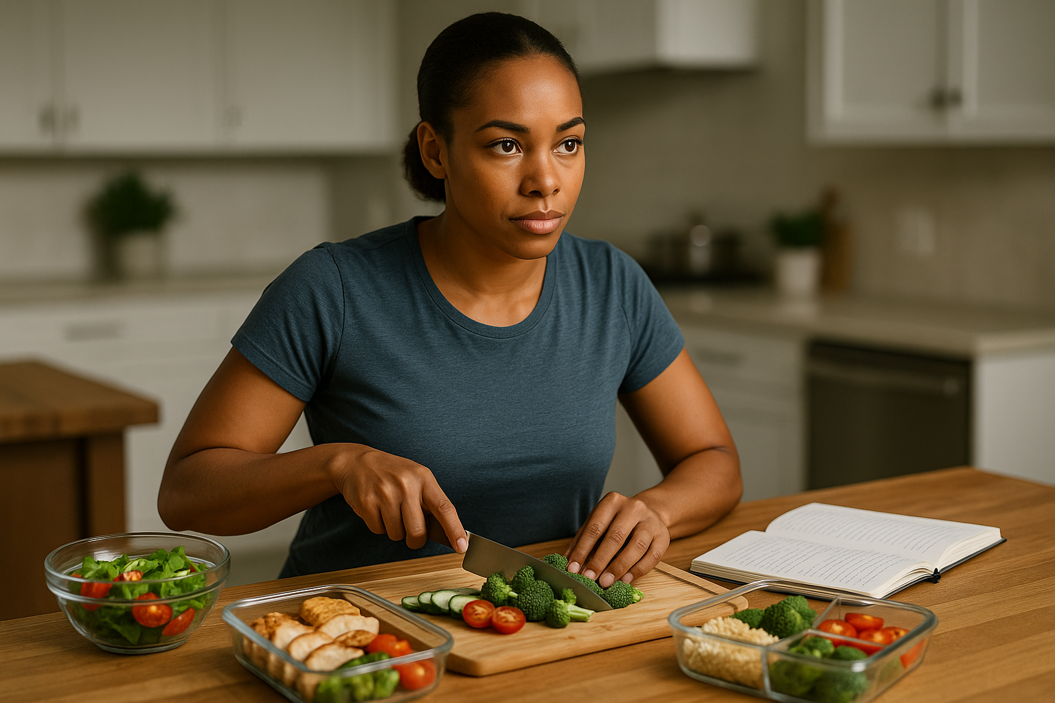 Day one success strategies showing person preparing healthy meals with confidence