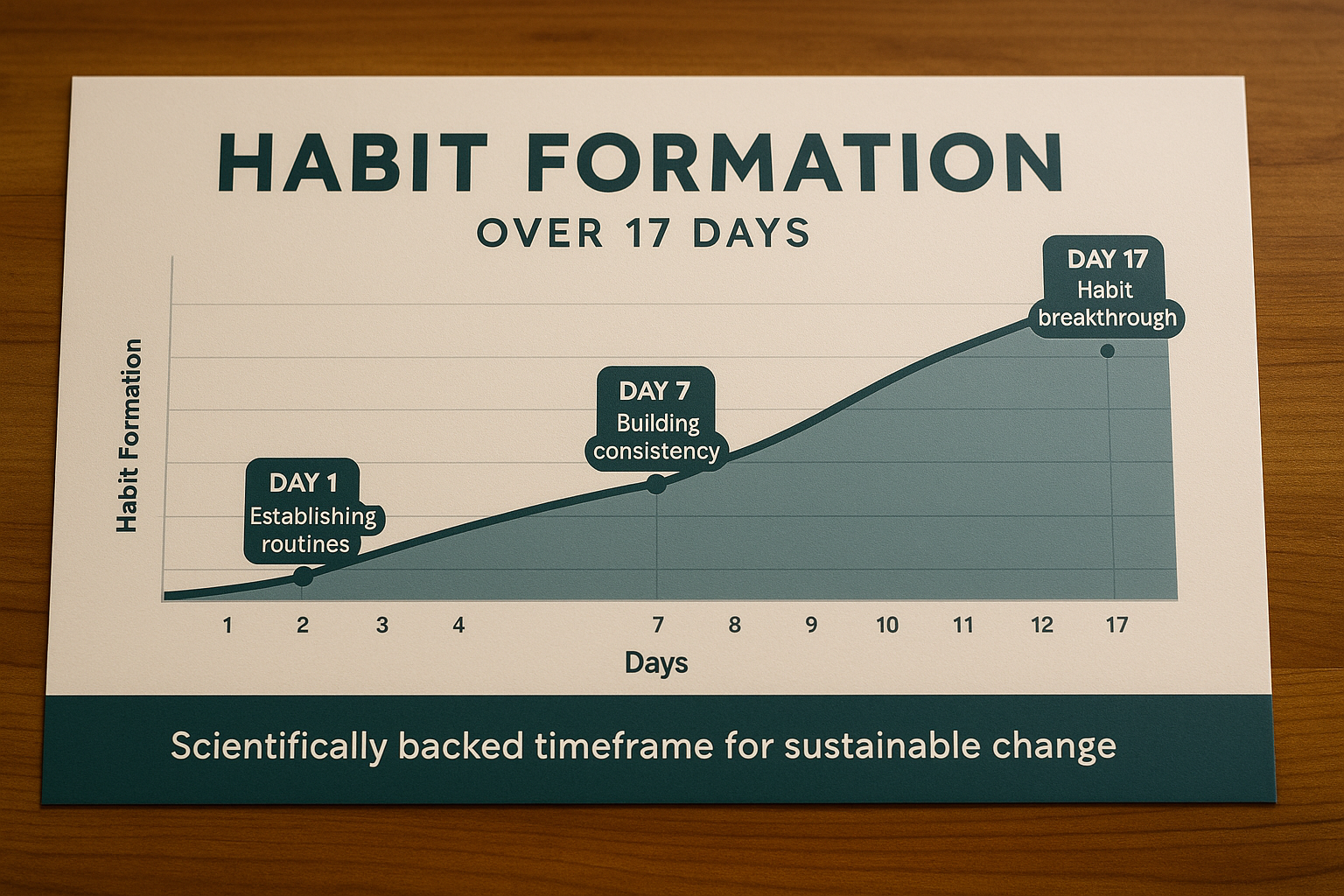 Visual chart displaying 17 day habit formation timeline with breakthrough markers and program milestones