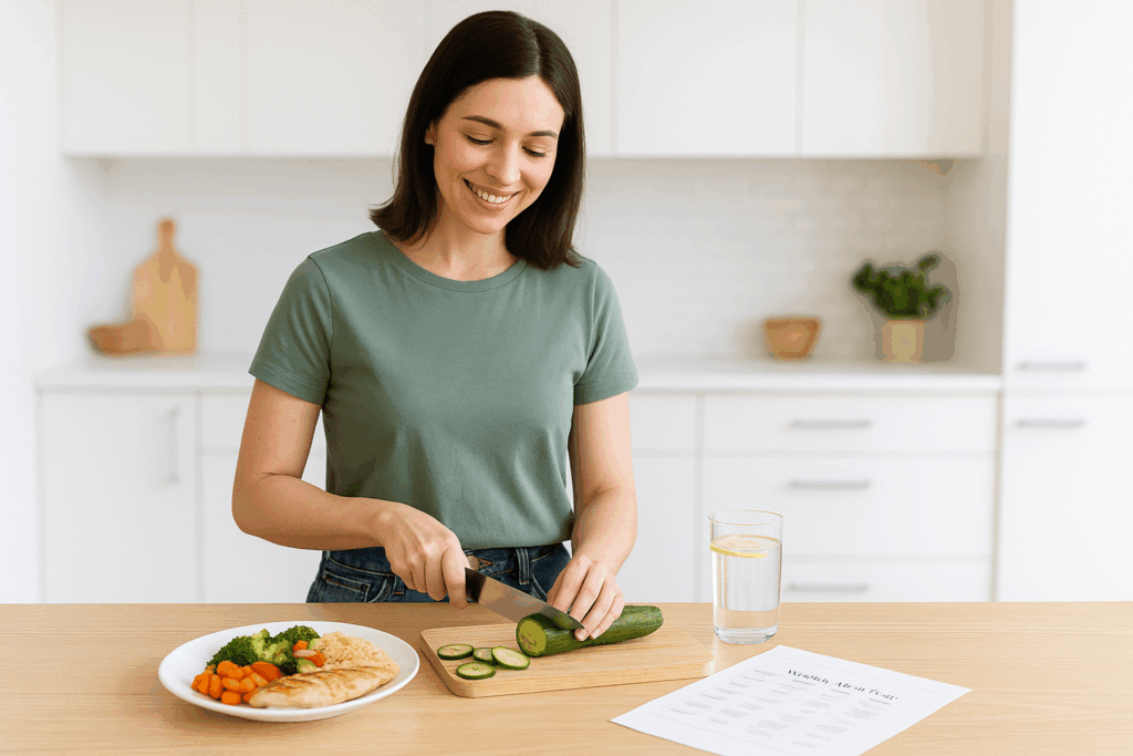 Woman slicing cucumber in bright kitchen for healthy meal plan