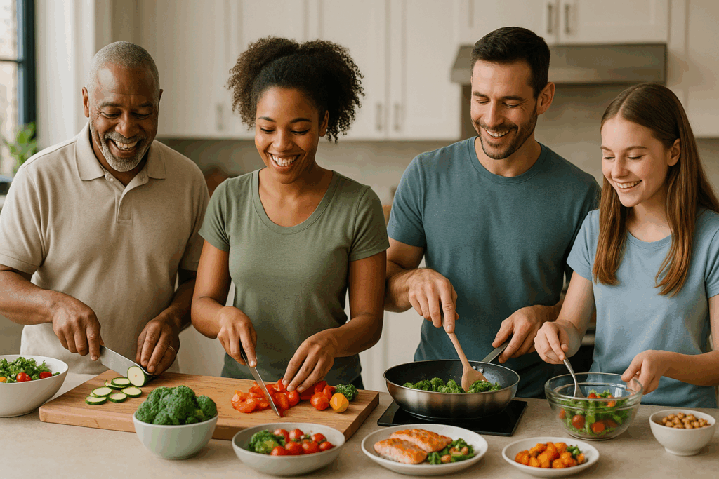 Photo-realistic image of diverse people of different ages energetically preparing colorful, nutritious meals together in a bright, modern kitchen, showcasing the community aspect of health transformation