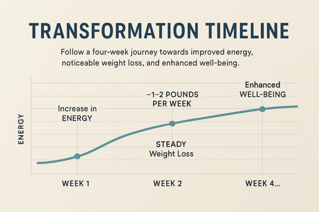 Professional infographic showing the four-week transformation timeline with energy levels, weight loss expectations, and key milestones clearly marked