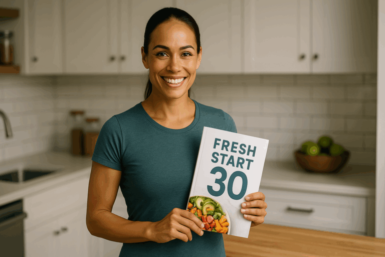 Confident person holding Fresh Start 30 meal plan showing 17 day habit formation breakthrough in bright modern kitchen