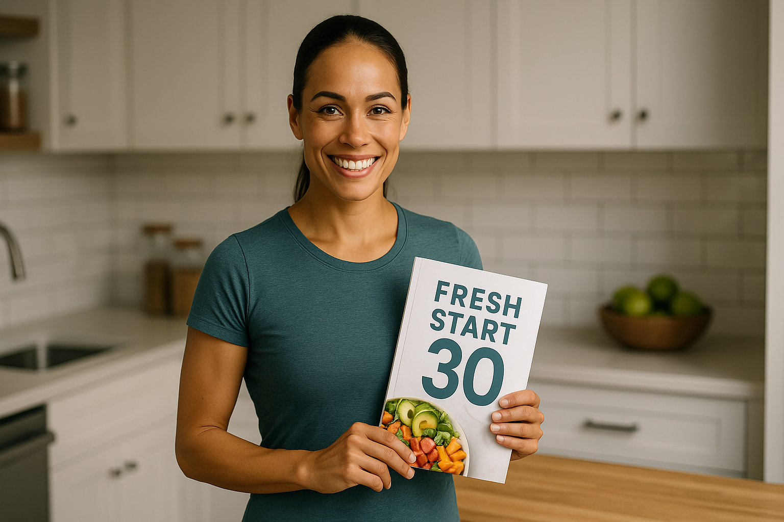 Confident person holding Fresh Start 30 meal plan showing 17 day habit formation breakthrough in bright modern kitchen