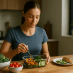 Confident woman eating a balanced meal while showing meal skipping weight loss facts and metabolic science