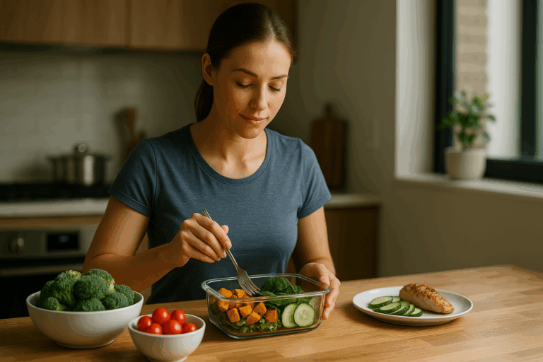 Confident woman eating a balanced meal while showing meal skipping weight loss facts and metabolic science