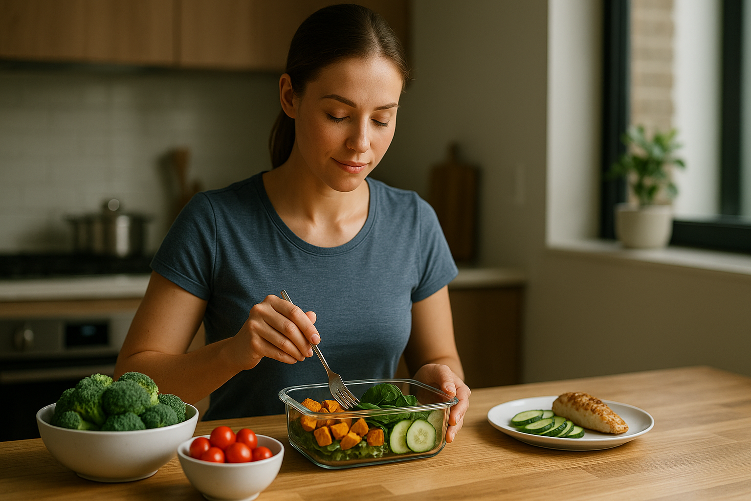 Confident woman eating a balanced meal while showing meal skipping weight loss facts and metabolic science