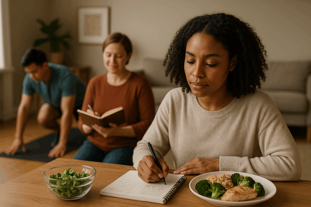 Diverse group of people using various health resources - meal planning, journaling, exercising - representing the comprehensive nature of free wellness tools