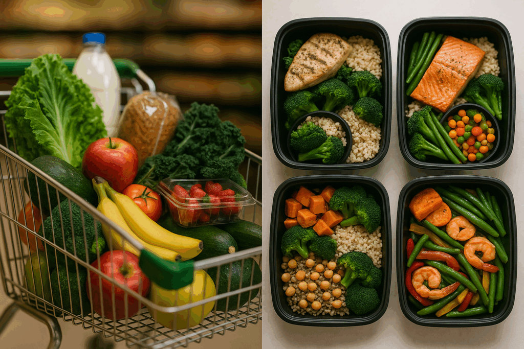 Split image showing organized grocery cart with fresh, healthy foods vs. meal prep containers filled with colorful, prepared meals