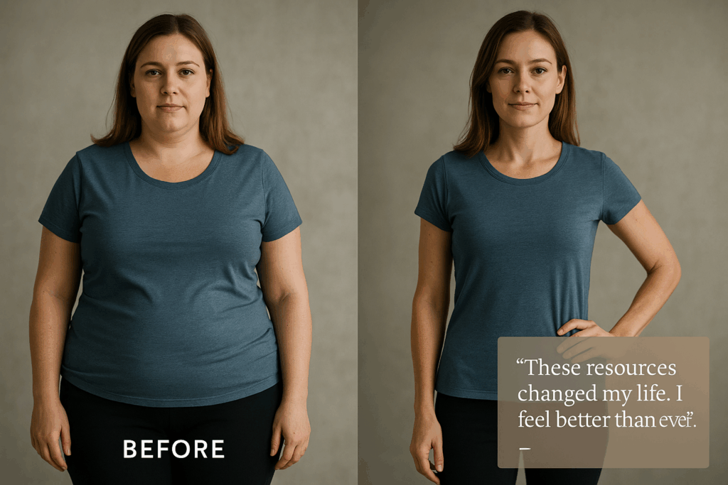 Before and after transformation photos with testimonials, showing real people who used these free resources successfully