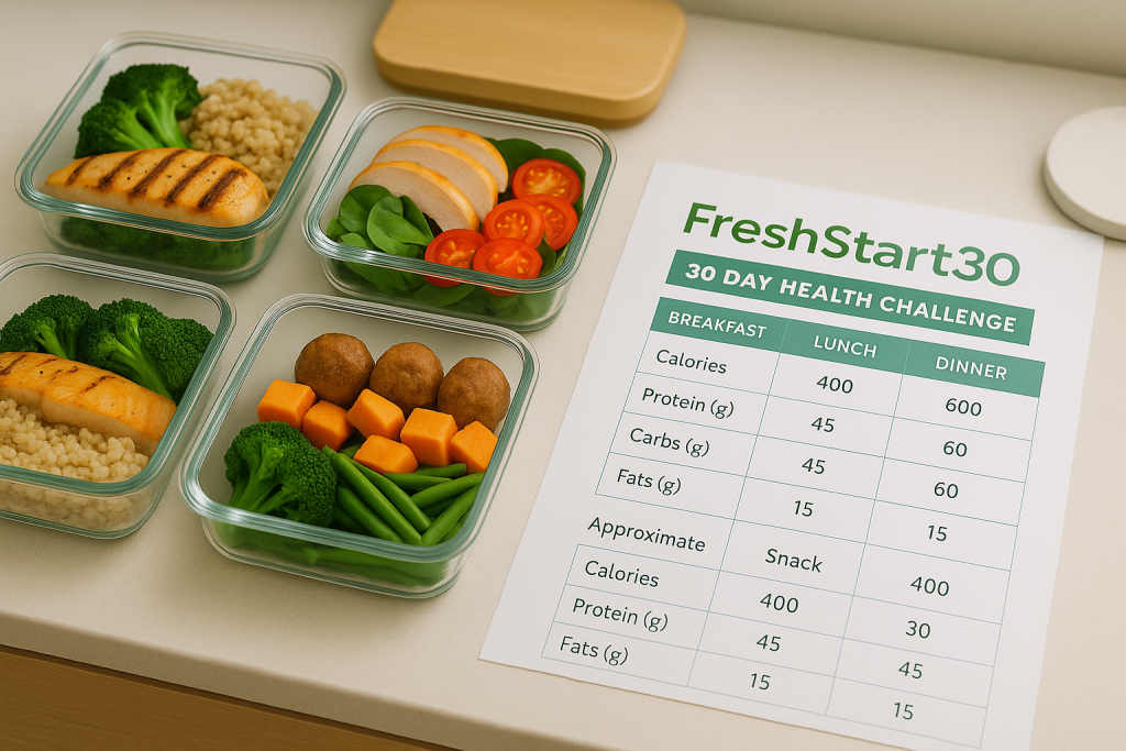 30-day health challenge meal preparation guide showing balanced nutrition and portion control