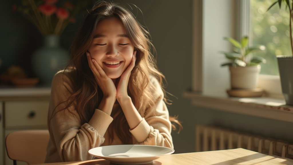 Person feeling satisfied and peaceful after mindful eating