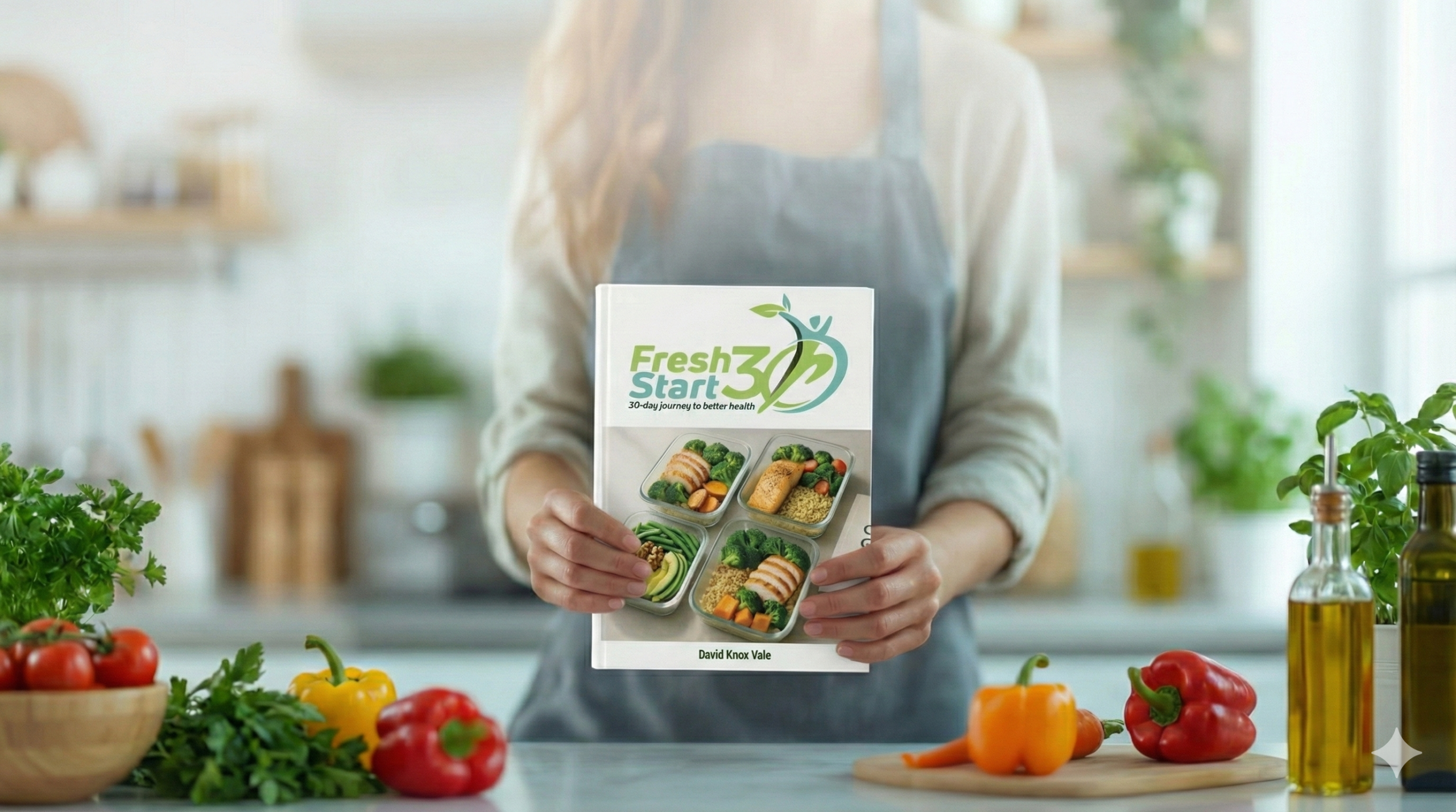 FreshStart30 Book and Meal Prep Setup for Transformation FreshStart30 course book with vibrant meal prep layout showing metabolic reset nutrition