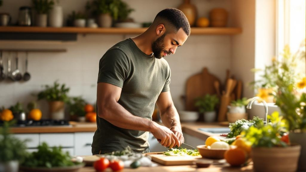 David chopping vegetables in a bright kitchen while preparing a FreshStart30 meal.