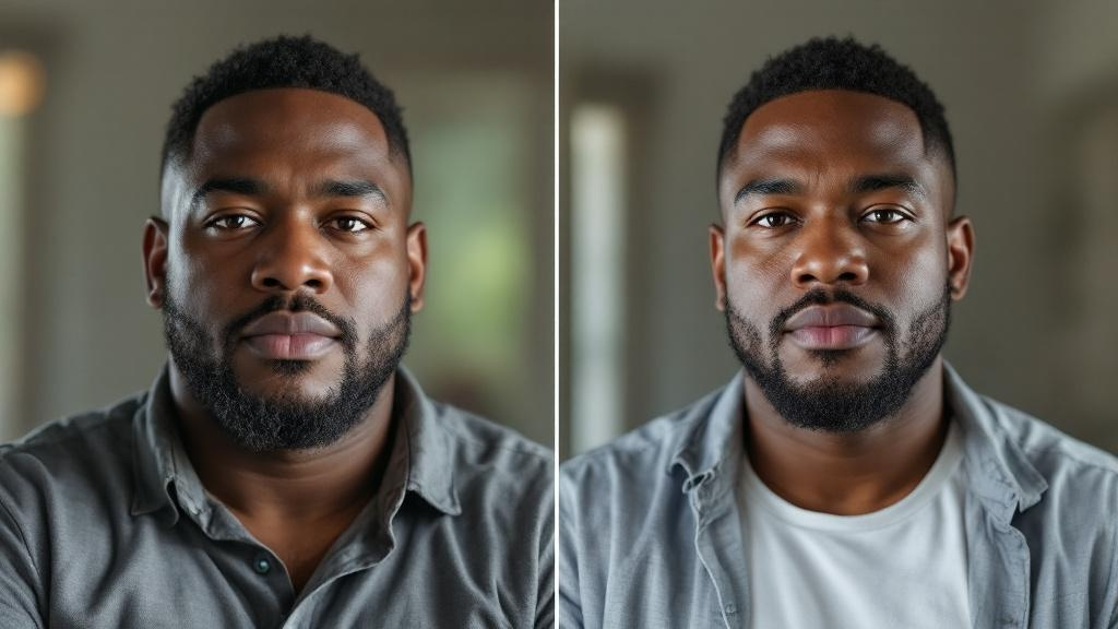 Before and after portrait of Devon Brooks showing noticeable weight loss and refined facial features in natural indoor lighting.