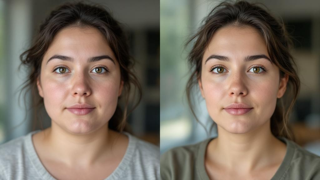 Before and after portrait of Elena Morris showing noticeable weight loss and improved facial definition, photographed in natural window light.