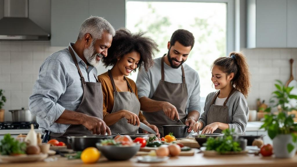 A diverse family of four wearing aprons and cooking together in a bright modern kitchen, chopping vegetables and smiling as they prepare a meal.
