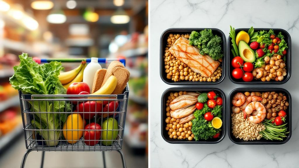 Fresh produce in a grocery cart next to four meal prep containers filled with whole grains, vegetables, and protein, representing healthy eating and weekly planning.