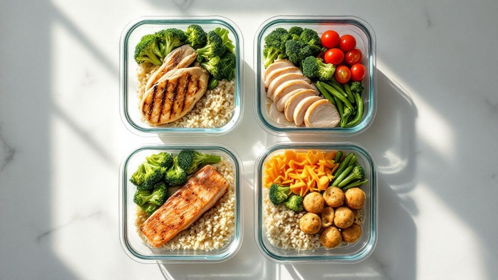 Four glass meal-prep containers arranged on a bright countertop, each filled with rice, chicken or salmon, broccoli, cherry tomatoes, green beans, or roasted potatoes.