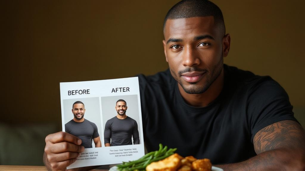 Man holding a printed before-and-after transformation sheet while sitting at a table, photographed in soft natural light.