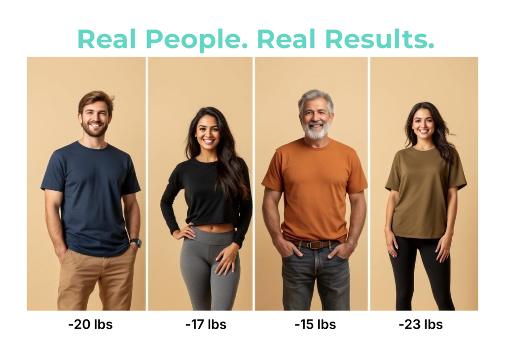 Four people standing side-by-side showing weight loss results with labels indicating –20 lbs, –17 lbs, –15 lbs, and –23 lbs under each person.