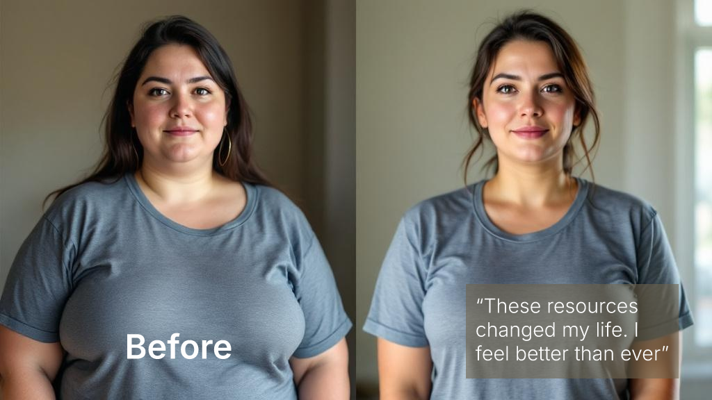 Side-by-side before and after photo of a woman showing noticeable wellness progress, wearing a grey shirt in both images, with a quote expressing improved confidence and well-being.