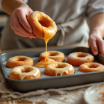 Person glazing freshly baked gluten-free carrot cake donuts in a bright kitchen