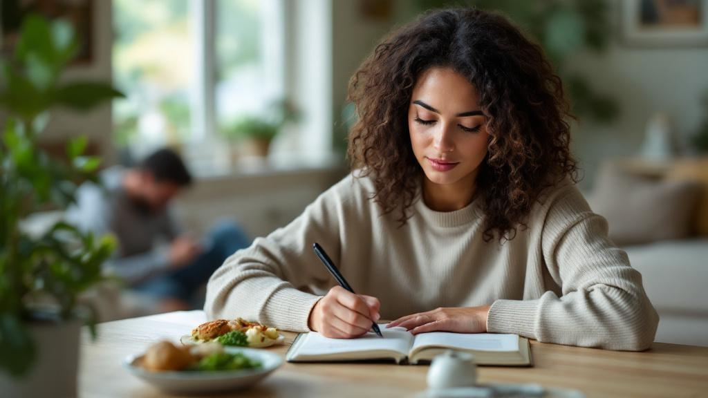 Woman writing in a journal while eating a balanced meal at home with a blurred background, representing healthy habits and routine planning