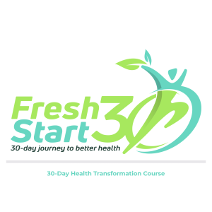FreshStart30 logo featuring a green and aqua figure with a leaf symbol representing a 30-day health transformation journey