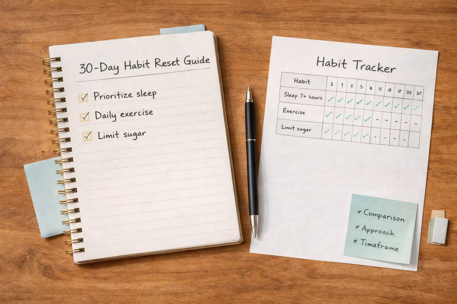 A flat-lay of a notebook, pen, and habit tracker on a wooden desk, representing daily habit planning and tracking.