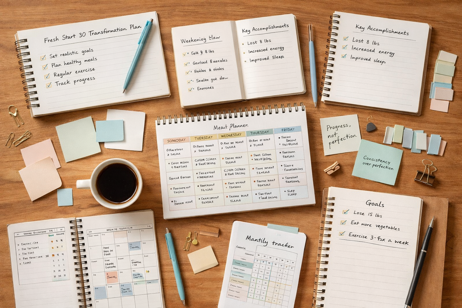 Two notebooks and planning tools laid flat on a wooden desk, representing a structured comparison between Fresh Start 30 and Noom.
