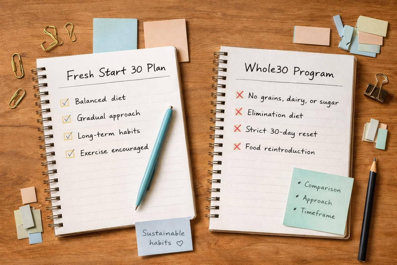 Top-down view of two notebooks and planning tools on a wooden desk, representing a clear comparison between Fresh Start 30 and Whole30.