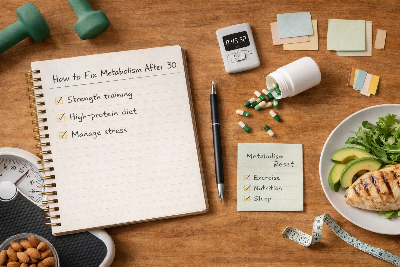 Flat-lay of a notebook, pen, and health-focused objects on a wooden desk, representing a practical approach to metabolism after age 30.