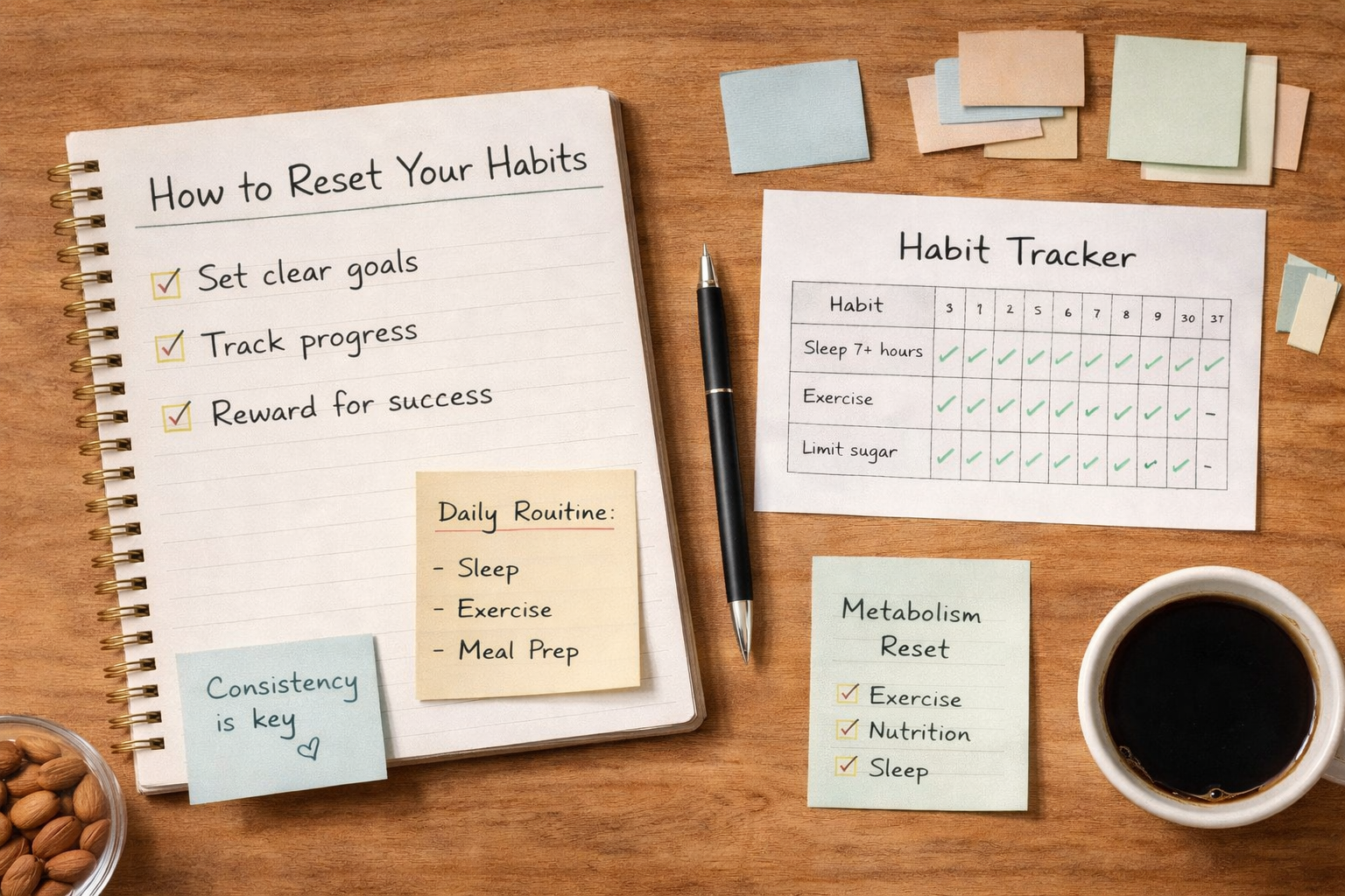 Flat-lay of a notebook with habit notes and a pen on a wood desk, representing habit reset planning.