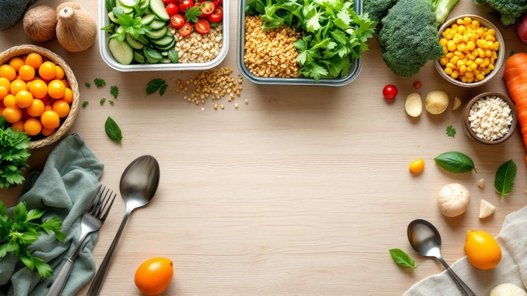 Flat-lay of meal prep tools and food containers on a kitchen counter, representing meal prep basics for beginners.