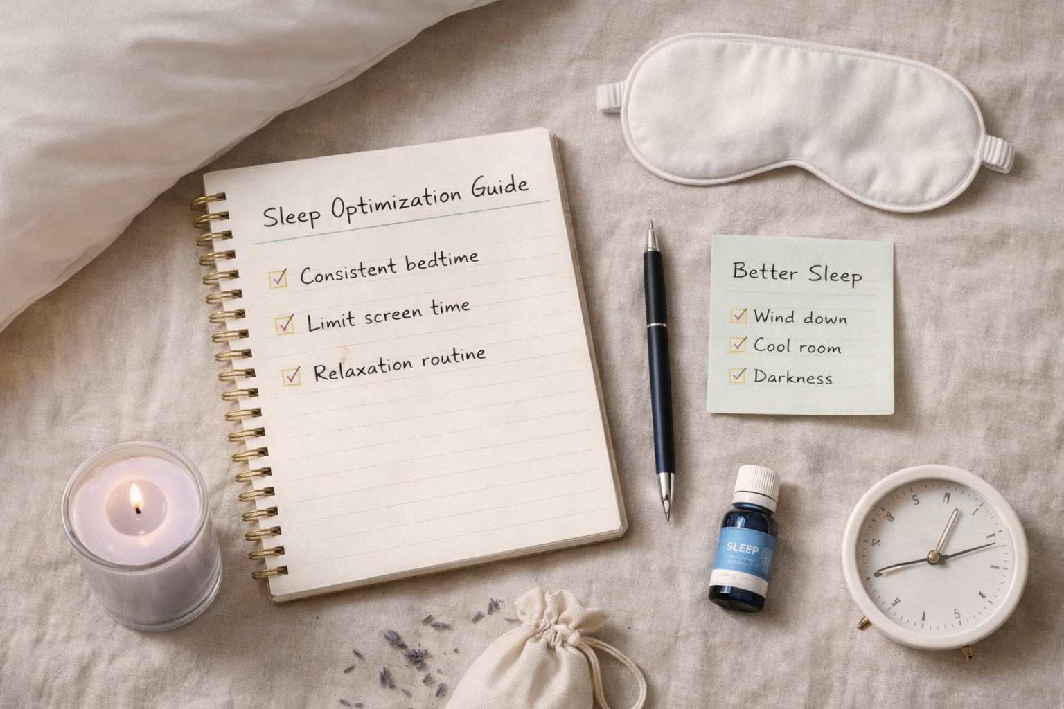 Flat-lay of a pillow, notebook, and bedtime items on a soft surface, representing basic sleep preparation.