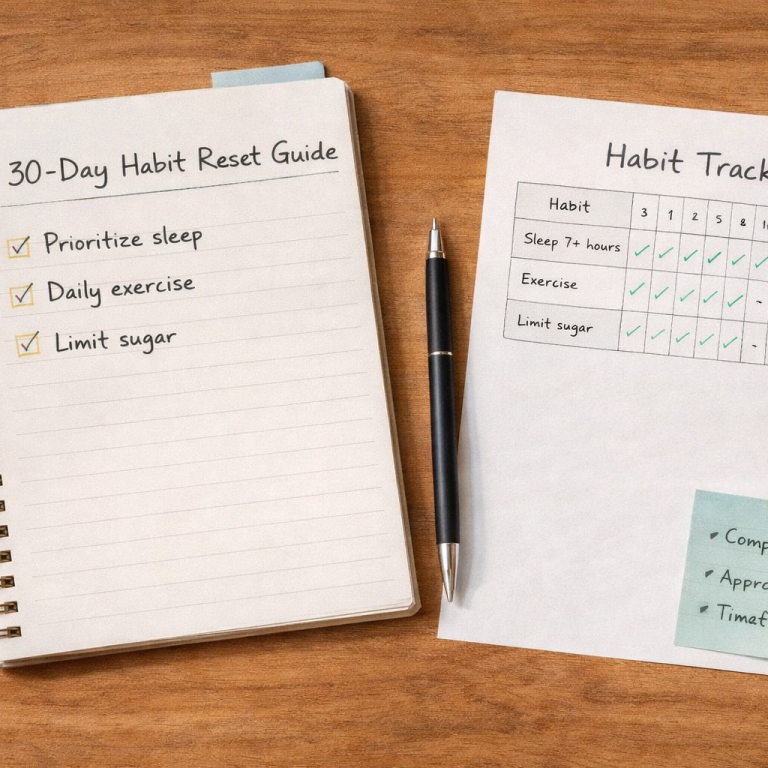 A flat-lay of a notebook, pen, and habit tracker on a wooden desk, representing daily habit planning and tracking.
