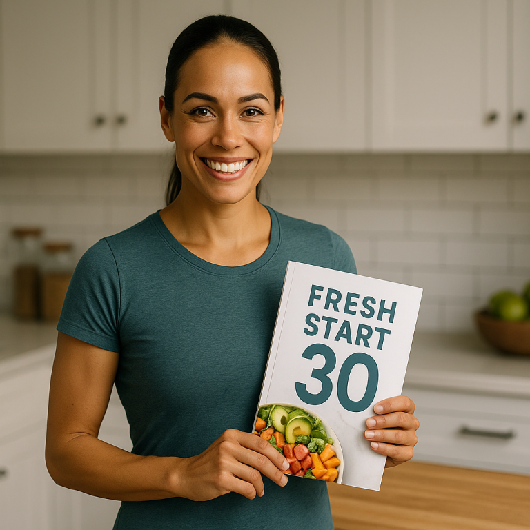 Confident person holding Fresh Start 30 meal plan showing 17 day habit formation breakthrough in bright modern kitchen