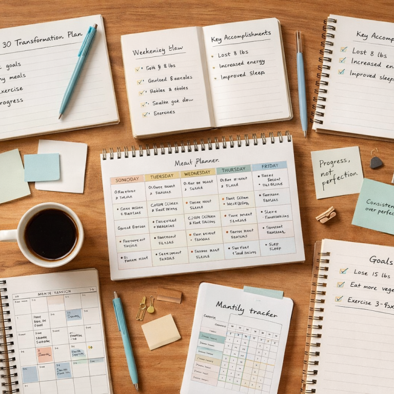 Two notebooks and planning tools laid flat on a wooden desk, representing a structured comparison between Fresh Start 30 and Noom.