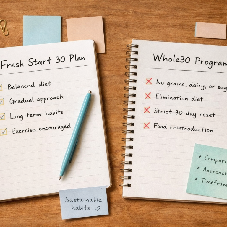 Top-down view of two notebooks and planning tools on a wooden desk, representing a clear comparison between Fresh Start 30 and Whole30.