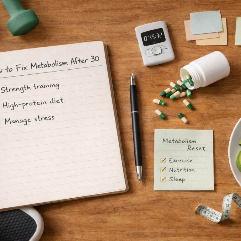 Flat-lay of a notebook, pen, and health-focused objects on a wooden desk, representing a practical approach to metabolism after age 30.