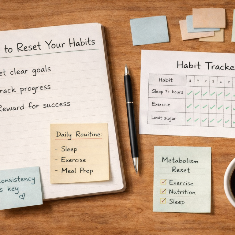 Flat-lay of a notebook with habit notes and a pen on a wood desk, representing habit reset planning.