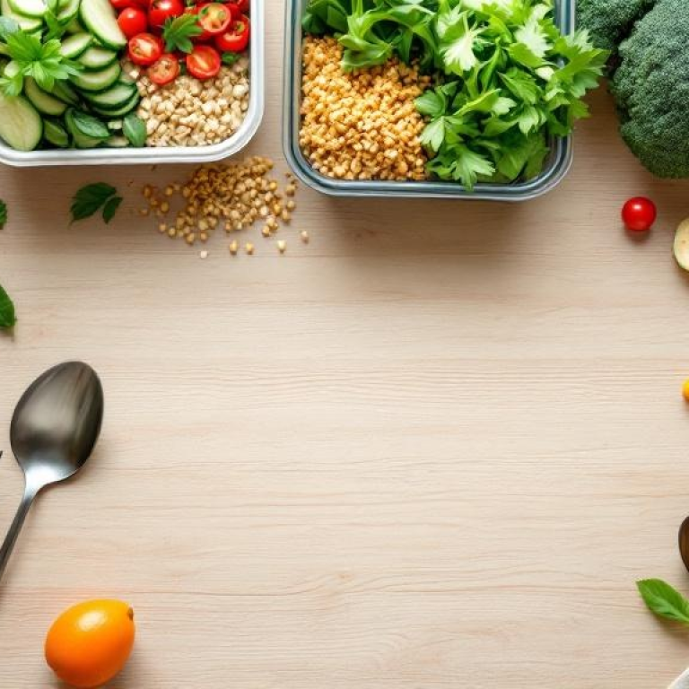 Flat-lay of meal prep tools and food containers on a kitchen counter, representing meal prep basics for beginners.