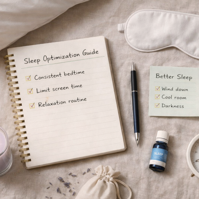 Flat-lay of a pillow, notebook, and bedtime items on a soft surface, representing basic sleep preparation.